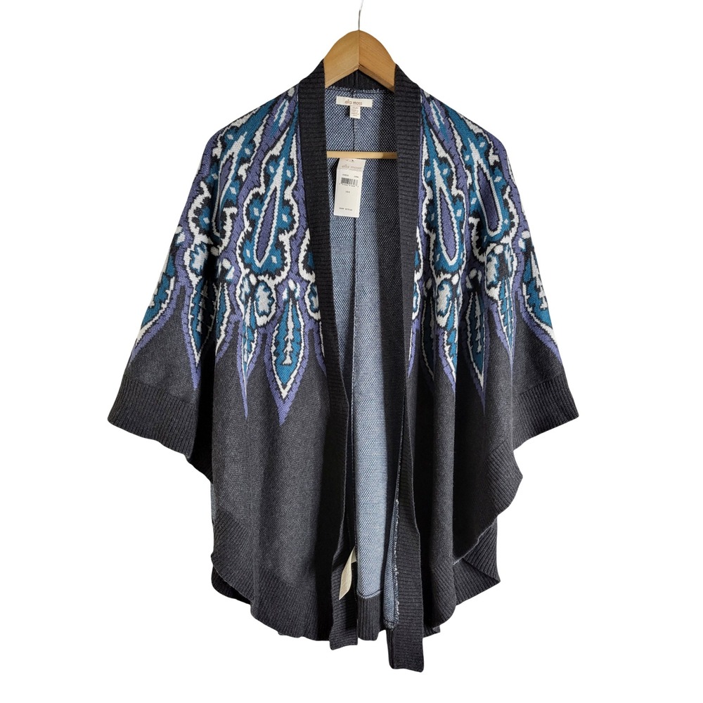 Ella Moss Paisley Intarsia Knit Silk Blend Cardigan Wrap Grey XS/S Folkcore